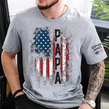 Custom Papa Shirt, 4th of July American Flag Design, Personalized with Family Names, Patriotic Gift Tee