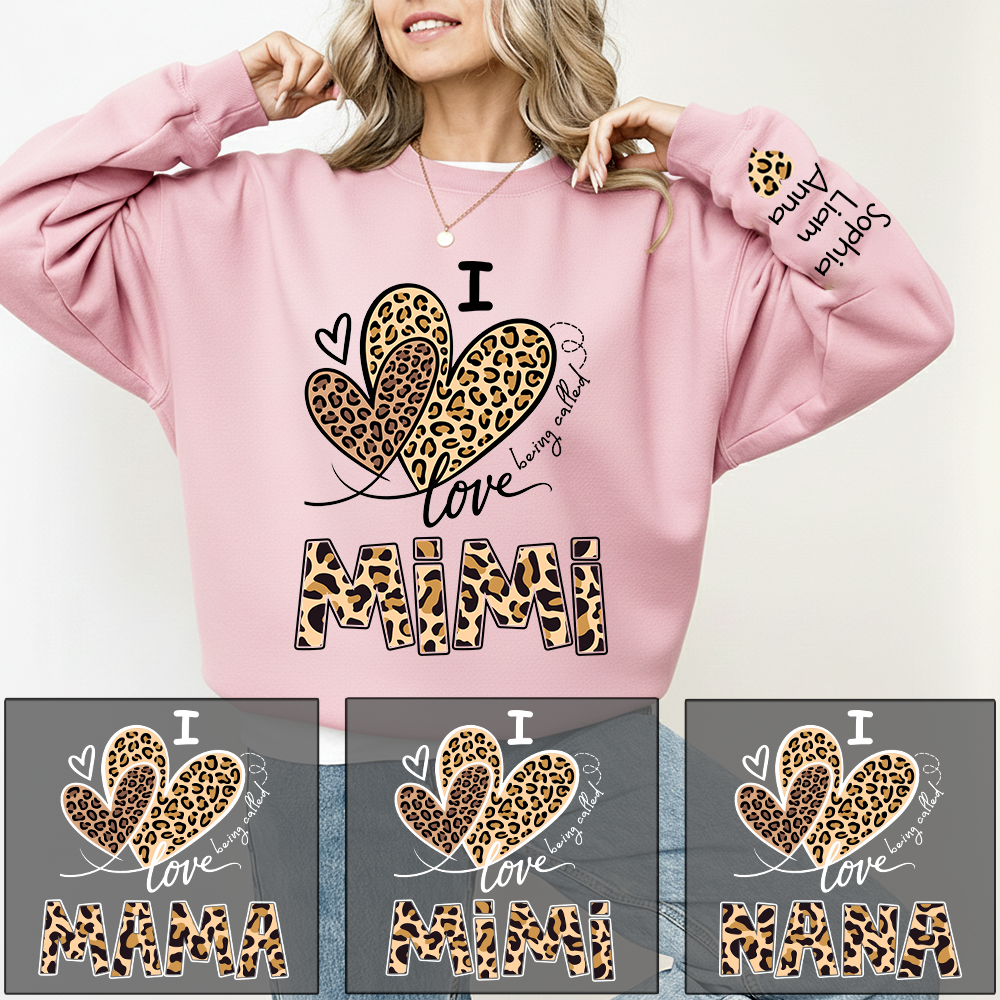 I Love Mimi Sweatshirt with Leopard Heart Design, Personalized Family Crewneck for Valentine