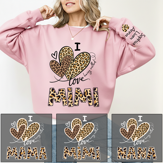 I Love Mimi Sweatshirt with Leopard Heart Design, Personalized Family Crewneck for Valentine