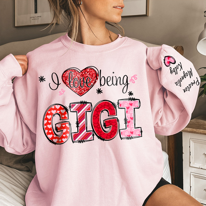 I Love Being Gigi Heart With Grandkids Names On Sleeve Sweatshirt, Personalized Mother's Day Gift