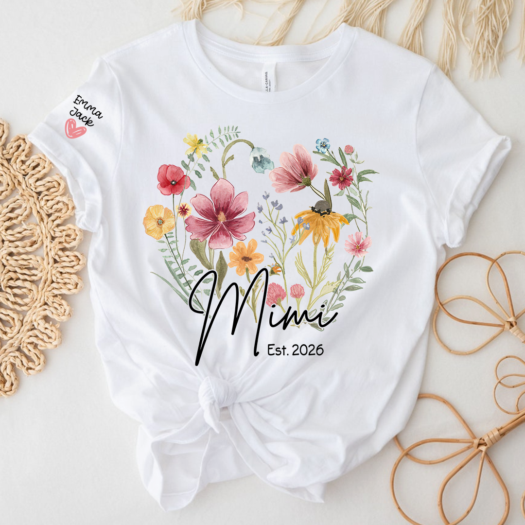 Mimi Est T-Shirt Personalized with Grandkids Names, Wildflower Floral Family Tee