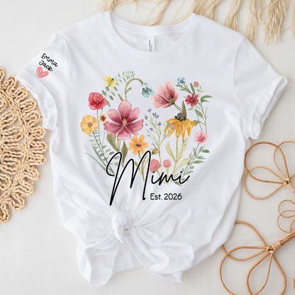 Mimi Est T-Shirt Personalized with Grandkids Names, Wildflower Floral Family Tee