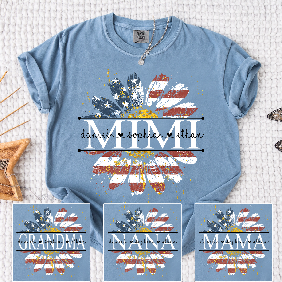 Comfort Mimi Daisy Shirt With American Flag Print, Custom Name, Floral Design, Personalized Family t-shirt
