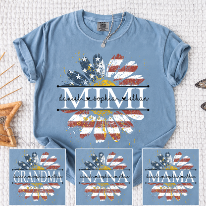 Comfort Mimi Daisy Shirt With American Flag Print, Custom Name, Floral Design, Personalized Family t-shirt