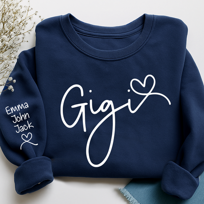 Custom Gigi Sweatshirt, Elegant Script Heart Design Personalized Names