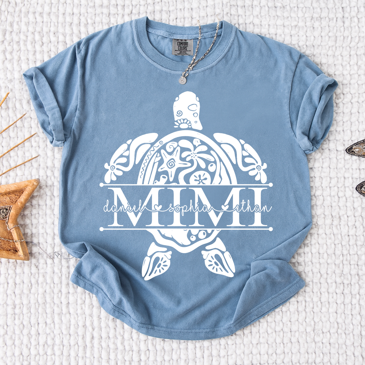 Personalized Mimi Sea Turtle Shirt with Grandkids Names, Coastal Grandma Tee, Custom Turtle Beach T Shirt, Gift for Mimi from Grandchildren
