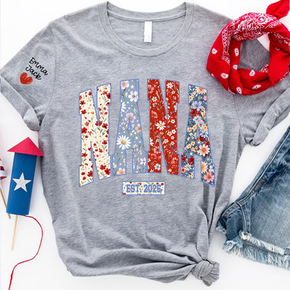 Personalized Nana 4th July Independence Day American, Floral American FlagT-Shirt, Patriotic Gift For Grandma And Kids