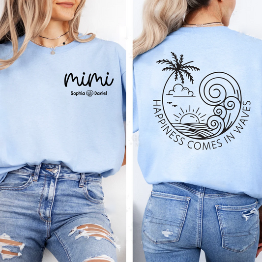 Custom Mimi Shirt with Kids Names, Happiness Comes in Waves Beach Tee, Personalized Grandma Summer Vacation Apparel