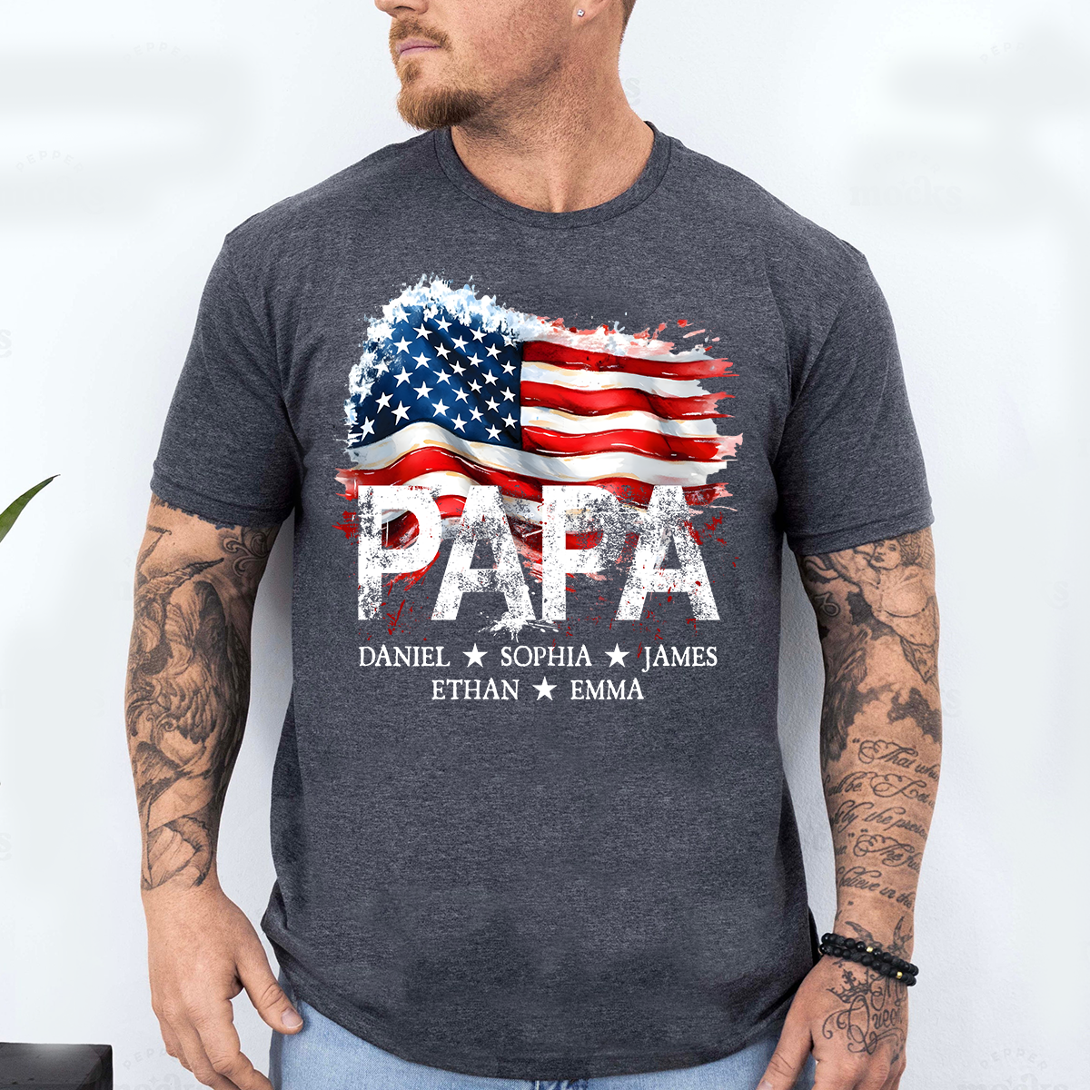 Papa American Flag Shirt, Personalized Papa Tee with Kids Names, Patriotic Grandpa Gift, Custom Family Shirt for Dad