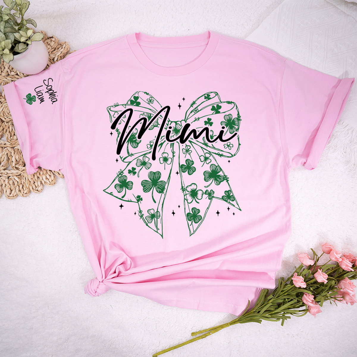 Mimi Clover Shirt Personalized with Grandkids Names, St Patrick’s Day Grandma Gift, Shamrock Bow Family T-Shirt