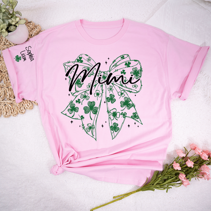 Mimi Clover Shirt Personalized with Grandkids Names, St Patrick’s Day Grandma Gift, Shamrock Bow Family T-Shirt
