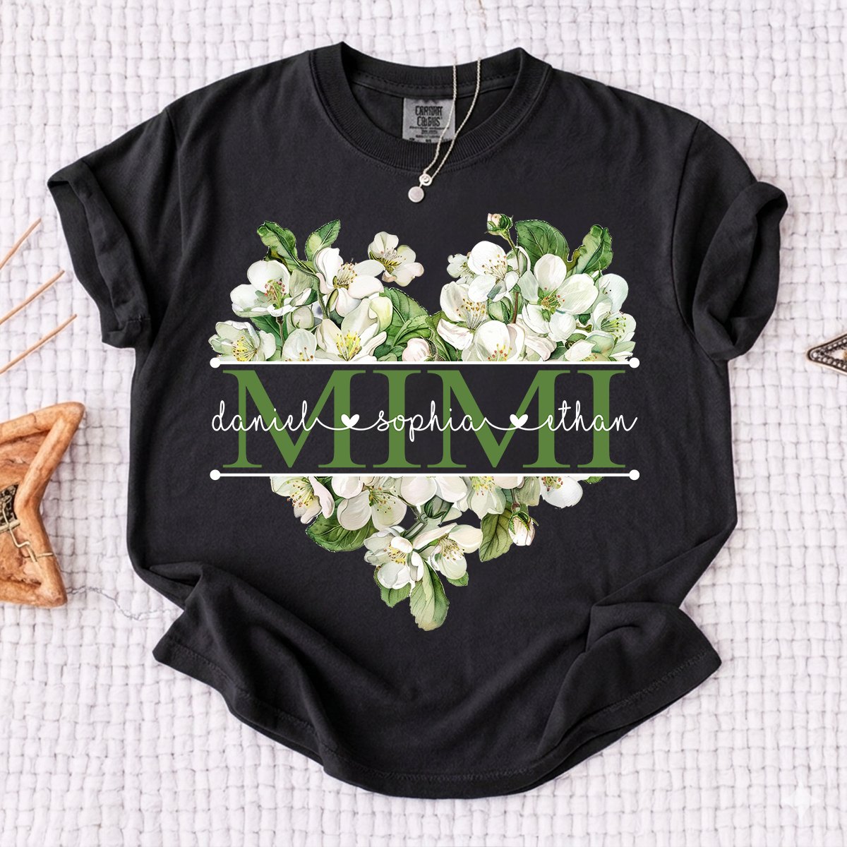 Comfort Custom Mimi T Shirt with Grandkids Names, White Floral Heart Family Tee