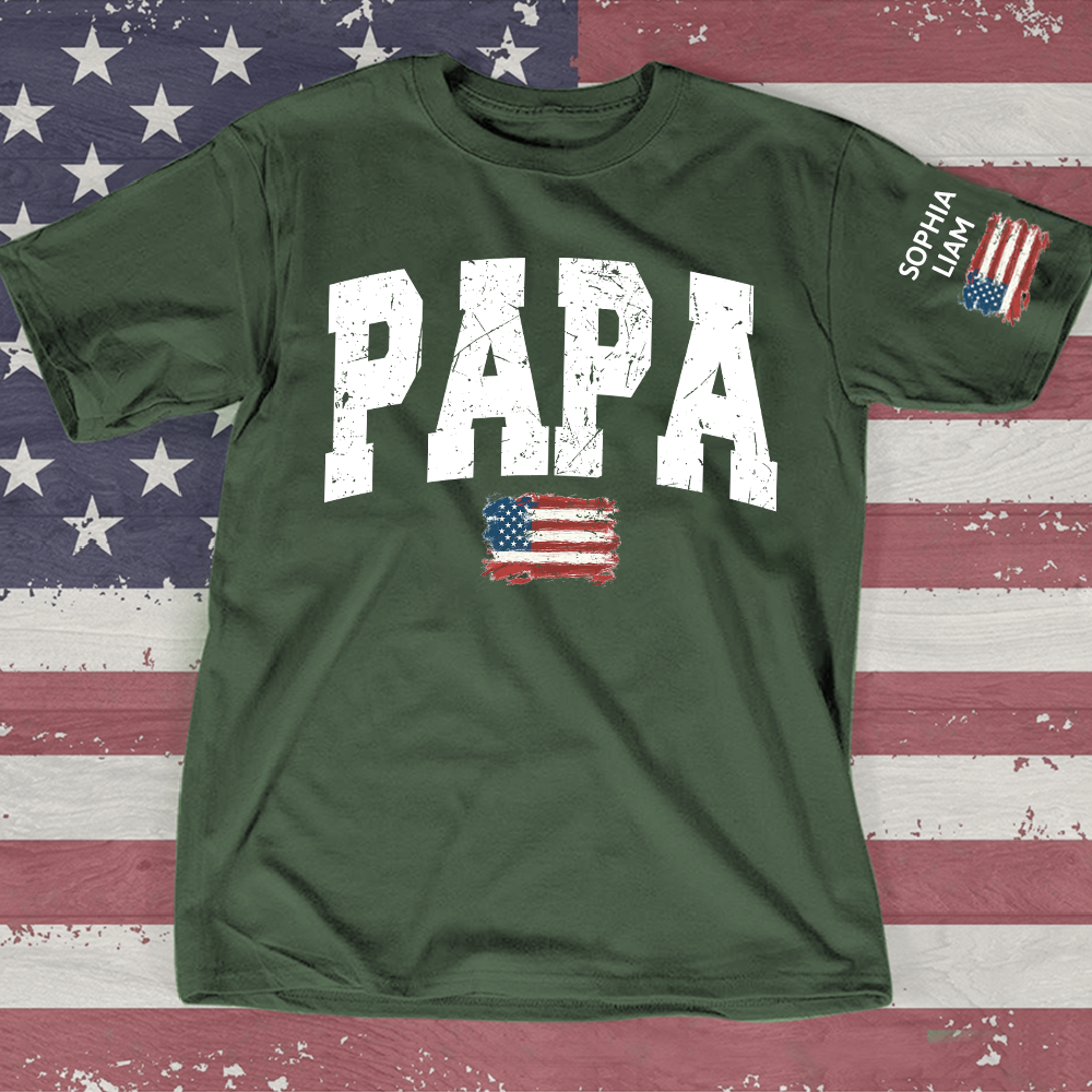 Personalized American Flag Printed Papa T-Shirt, With Custom Grandpa And Kids