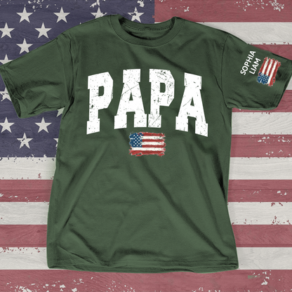 Personalized American Flag Printed Papa T-Shirt, With Custom Grandpa And Kids