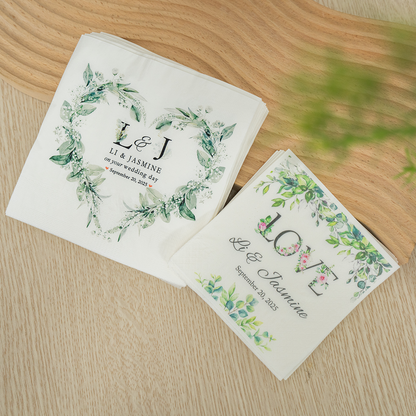 Personalized Wedding Napkins with Floral LOVE Print – Custom Names & Date – Elegant Botanical Greenery Decor for Romantic Reception