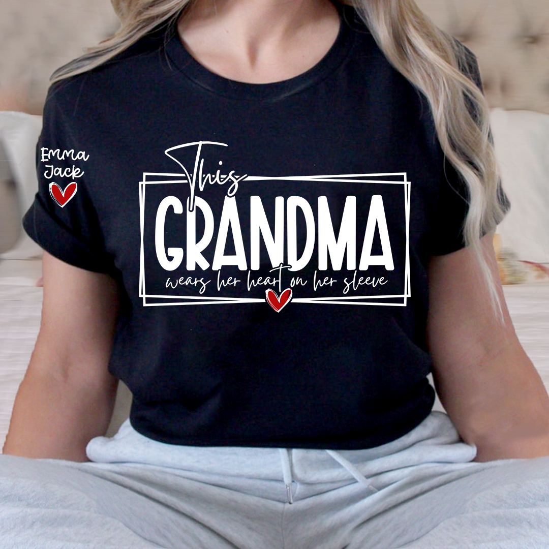Custom Grandma Family Shirt, This Grandma Wears Her Heart Quote T Shirt