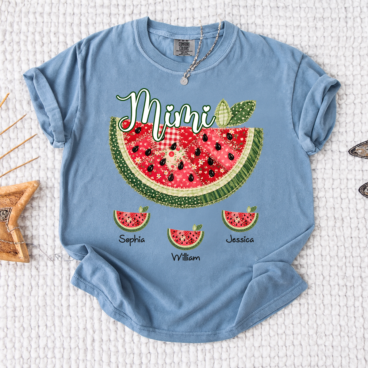 Comfort Colors Custom Mimi Watermelon Patchwork Tee, Personalized Grandma Shirt with Kids Names, Summer Vacation Family Gift for Women