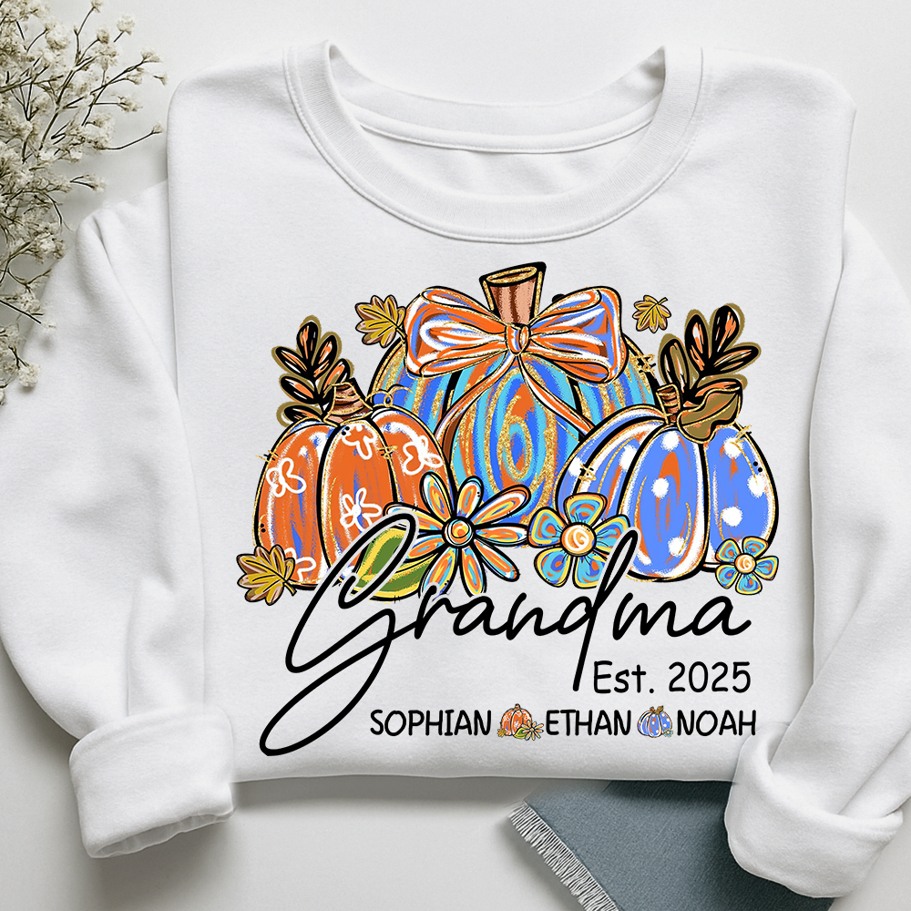 Fall Pumpkin Print Sweatshirt with Pumpkin Brush Pattern, Custom Gifts for Grandma and Grandchild