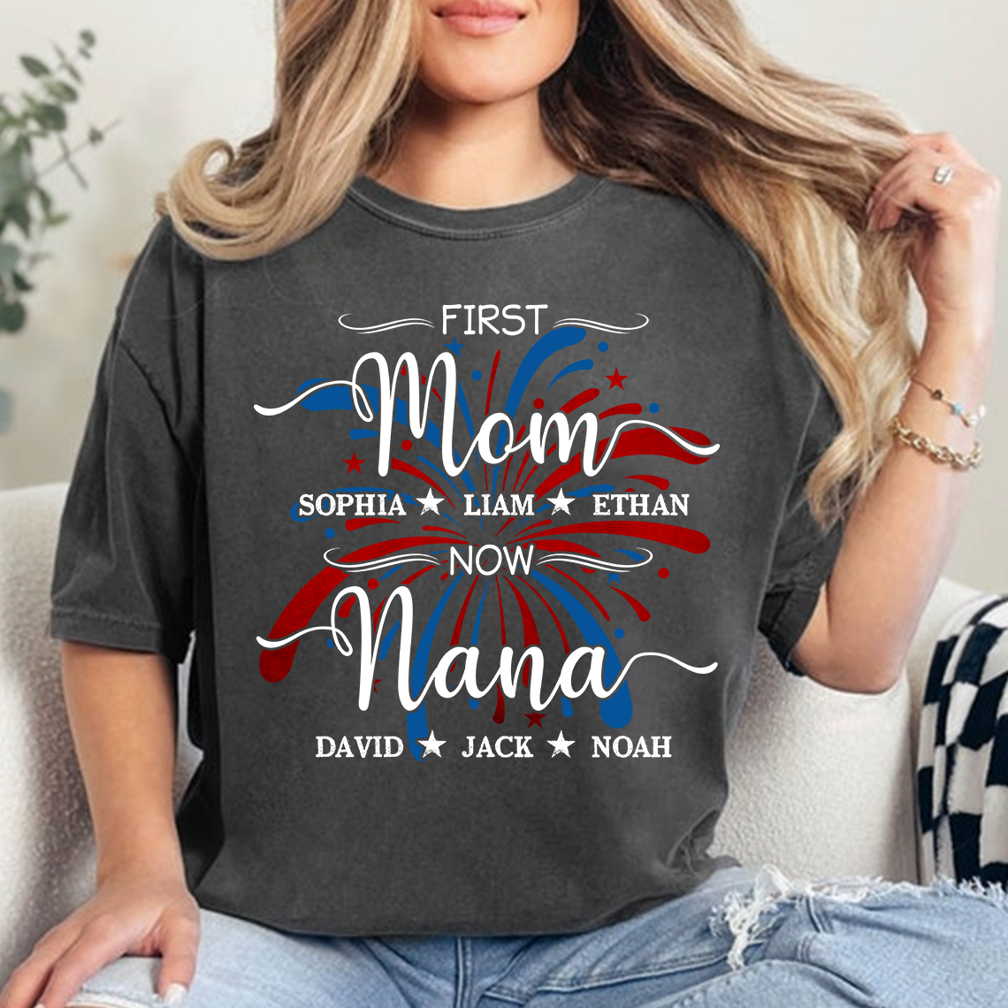 Custom Printed T-shirts Featuring American Fireworks For First Mom, Now Grandma, Patriotic T-shirts With Personalized Family Names For Grandma And Her Grandchildren
