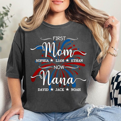 Custom Printed T-shirts Featuring American Fireworks For First Mom, Now Grandma, Patriotic T-shirts With Personalized Family Names For Grandma And Her Grandchildren