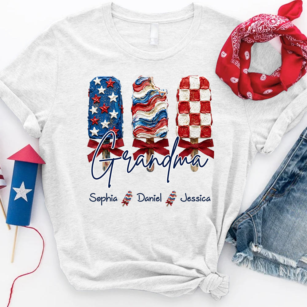 Personalized Grandma Patriotic Popsicle Shirt, Custom Grandma 4th of July T Shirt with Kids Names, Family Summer Gift