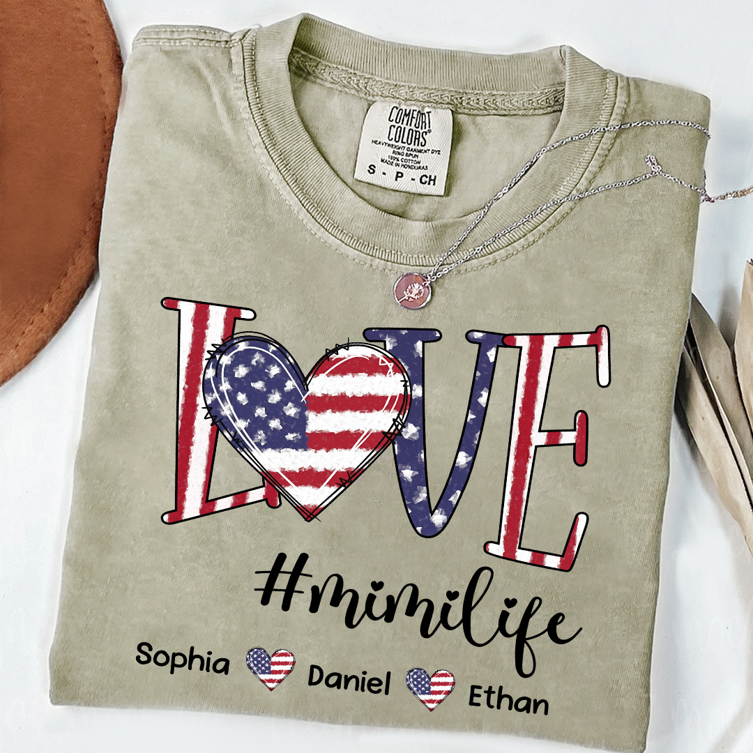 Comfort Colors Custom Mimi T Shirt with Grandkids Names USA Flag Love Graphic Mimi Life Shirt Personalized Grandma Apparel Family Gift