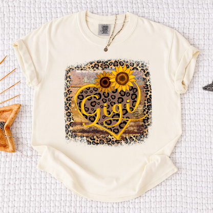 Comfort Colors Leopard Print Gigi Shirt, Personalized Sunflower Heart T-Shirt, Cute Grandmother Gift, Gigi Floral Leopard Tee, Gift for Mother's Day