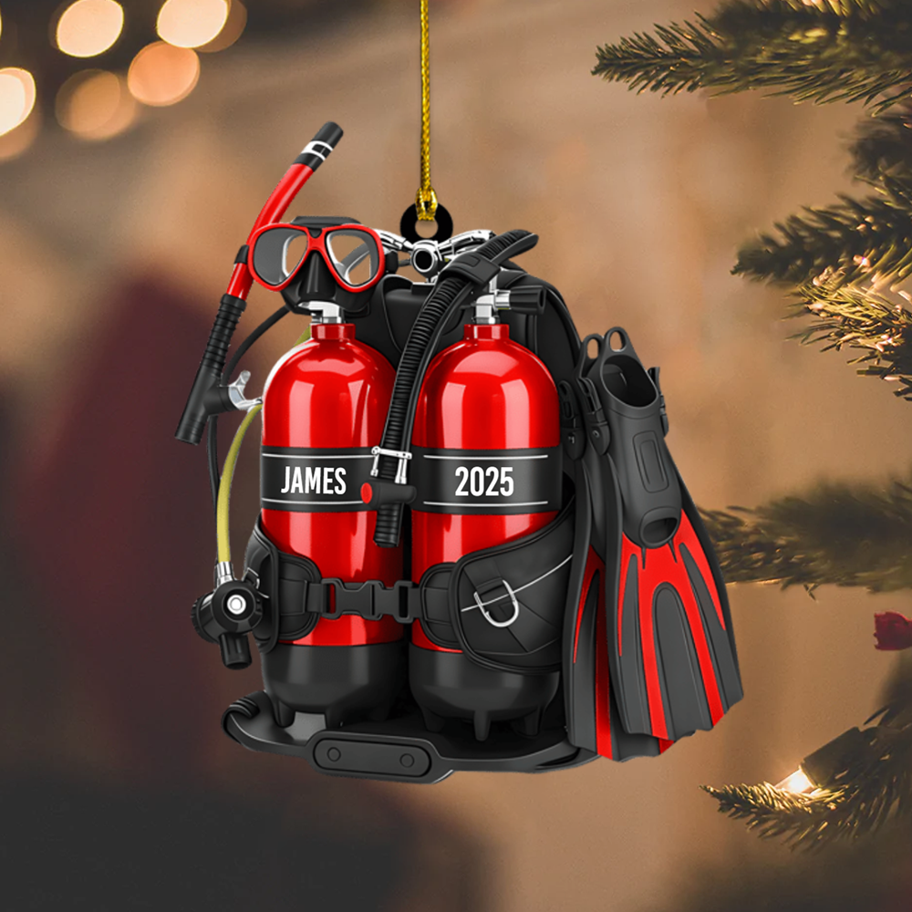 Personalized Scuba Diving Ornament 2025 – Custom Name Diver Ornament with Gear Set, Perfect Gift for Ocean Lovers & Divers Ornament