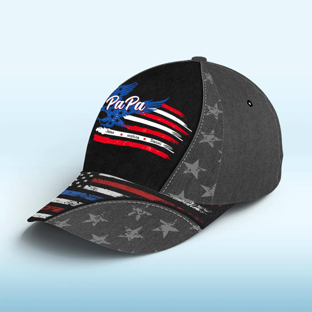 Papa with Grandkids Names 4th Of July Gift 3D Cap