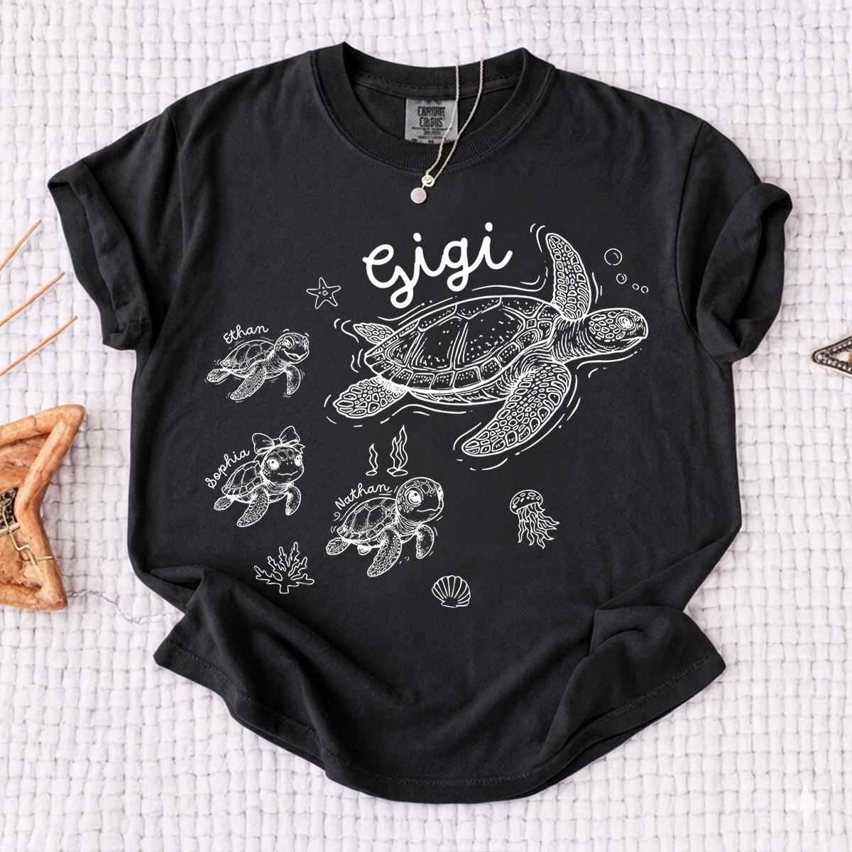 Comfort Colors® Custom Gigi Shirt Featuring Turtle Mom and Baby Names, Unique Grandma Gift Shirt for Women