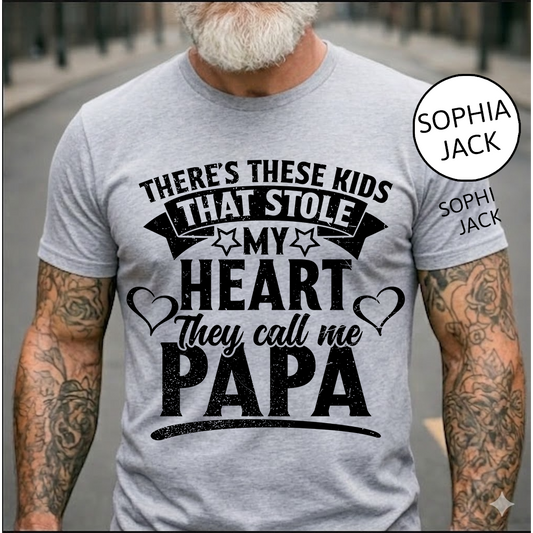 Personalized Papa T-Shirt – “These Kids Stole My Heart” Custom Names Gift for Dad Fathers Day Birthday