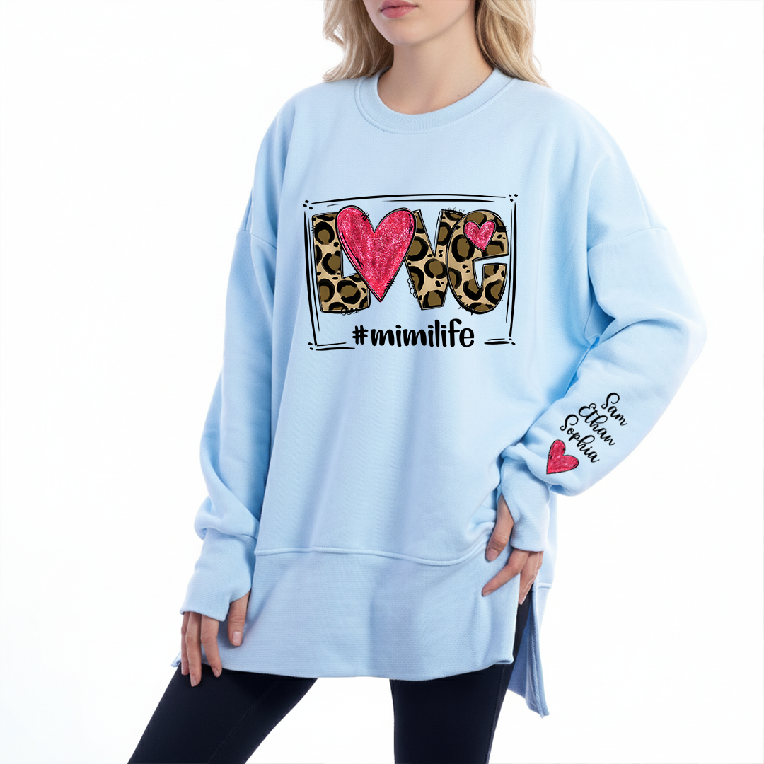 Personalized Mimi Life Oversized Sweatshirt with Leopard Heart Graphic, Custom Grandma Names on Sleeve, Cozy Relaxed Fit Pullover for Mimi, Stylish Family Inspired Apparel for Women