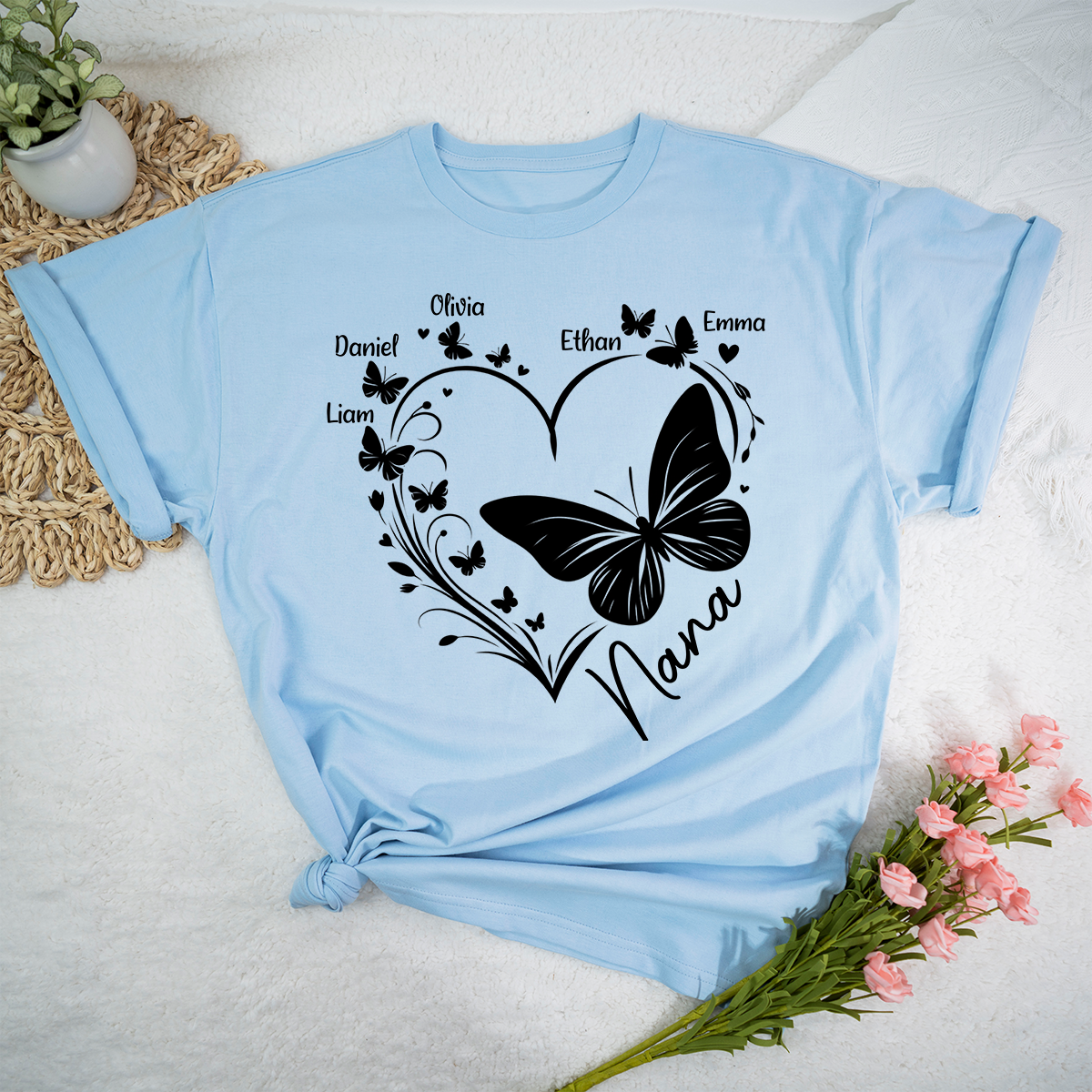 Nana Butterfly Heart Shirt with Kids Names, Personalized Nana Grandma T-Shirt Gift for Her