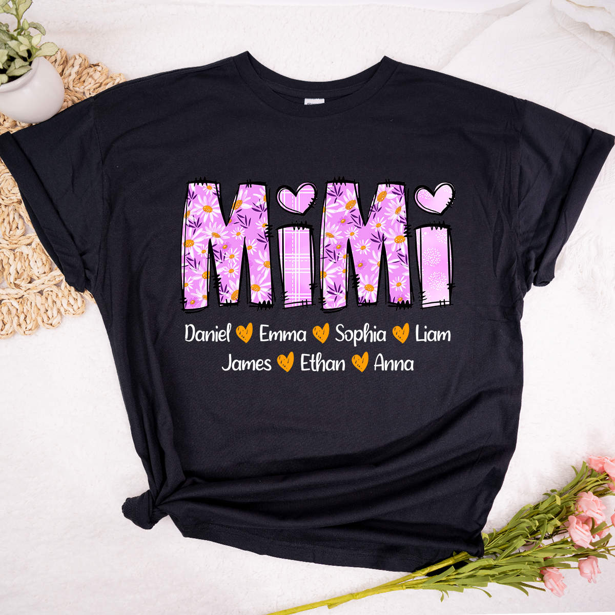 Personalized Mimi Daisy Shirt, Custom Nickname and Grandkids' Names T-Shirt