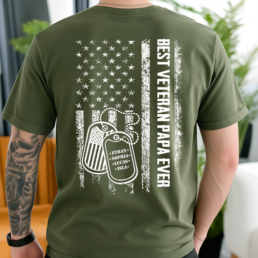 Best Veteran Papa Ever Shirt – Custom Tags with Kids' Names – Military Grandpa Gift