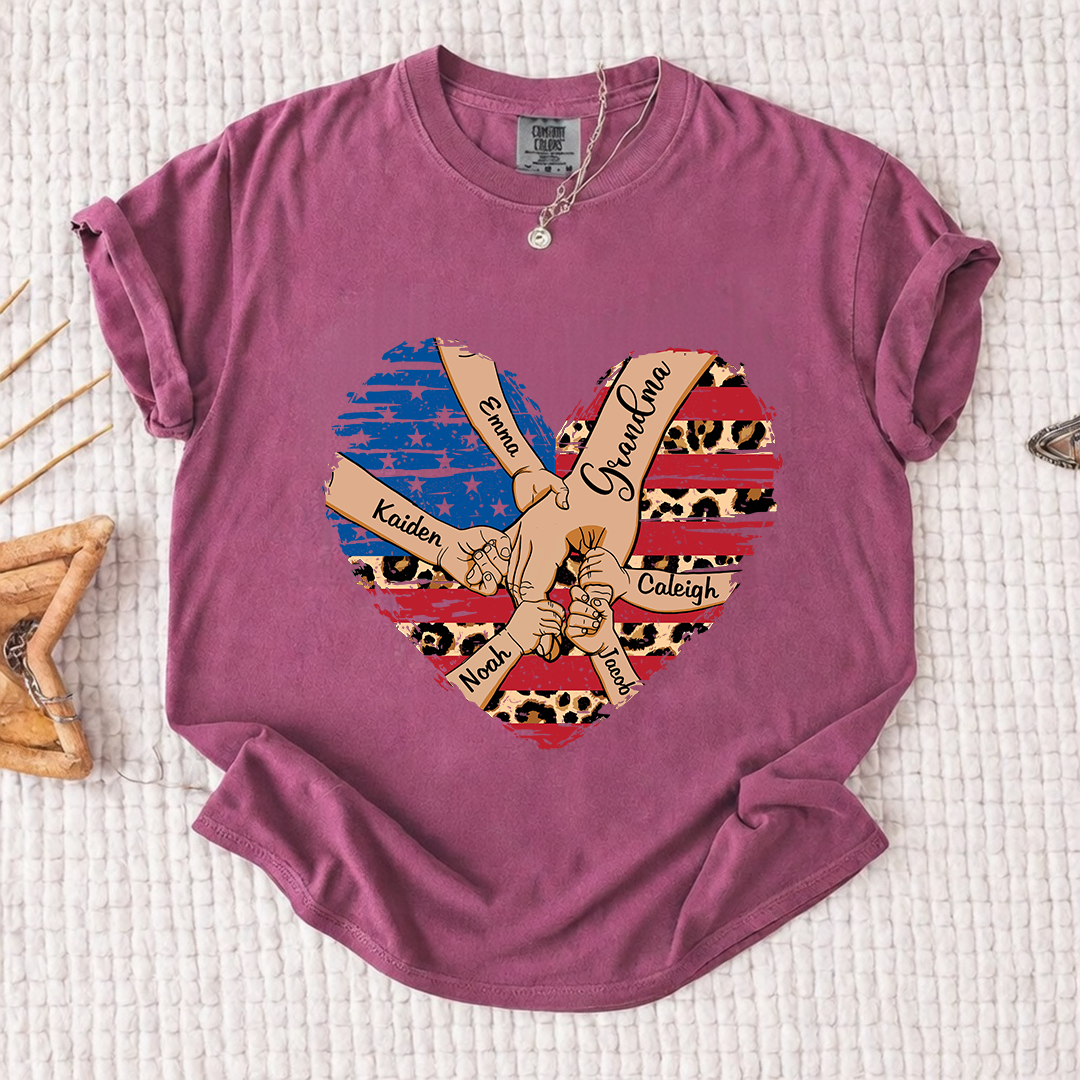 Comfort Color Personalized Grandma Shirt Patriotic Heart American Flag Leopard Design Custom Nana Mimi Gigi Name Tee with Grandkids Names Family 4th of July Outfit