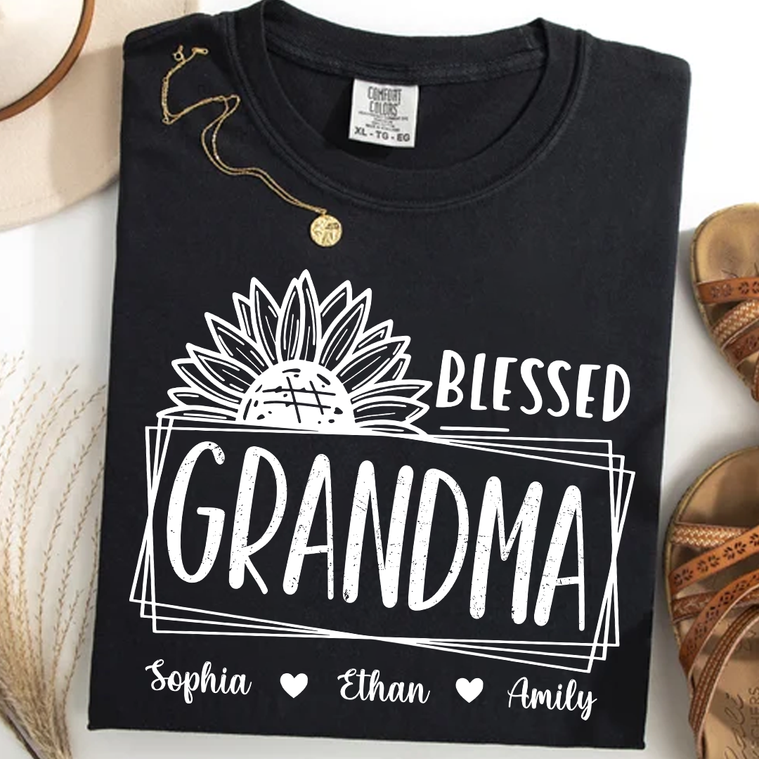 Comfort Colors Blessed Grandma Sunflower Tee with Personalized Names - Gift for Grandma, Mother's Day or Birthday Shirt