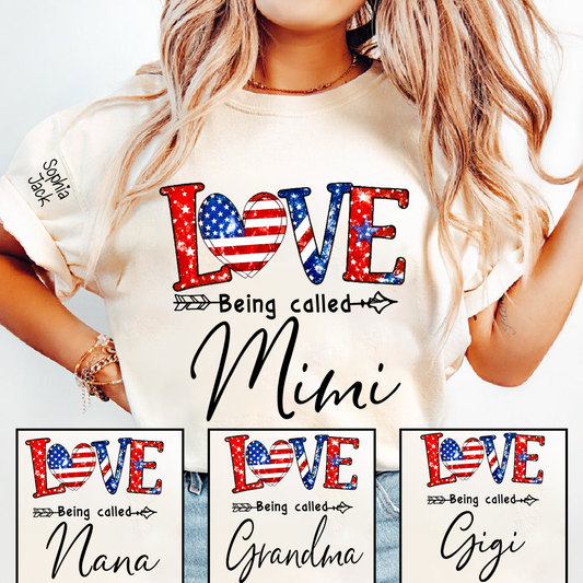 Personalized LOVE Shirt - Custom Nickname with American Flag Heart for Nana, Mimi, Grandma, Gigi - Casual Family Tee