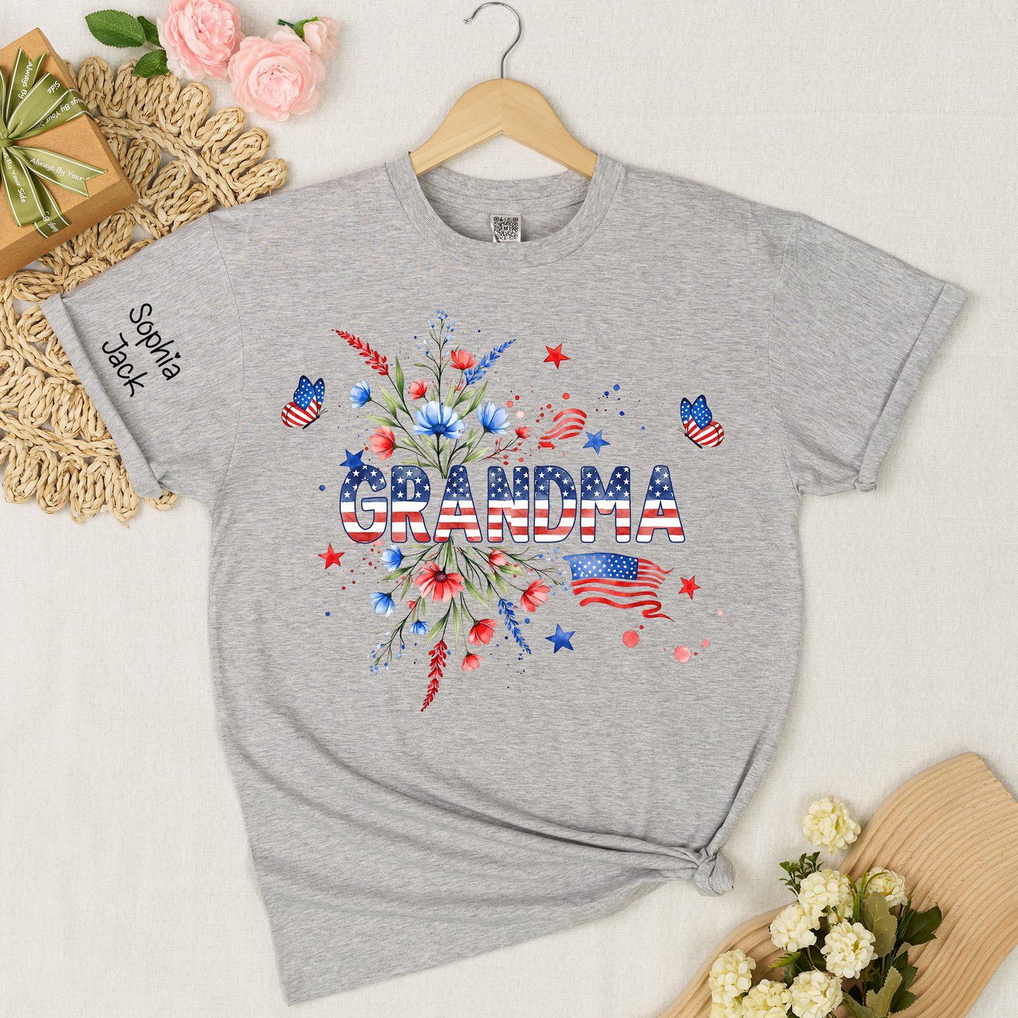 Patriotic Grandma Shirt, American Flag Floral Grandma T-Shirt, Custom Mimi Gigi Nana Tee, 4th of July Grandma Gift, Mother's Day Apparel