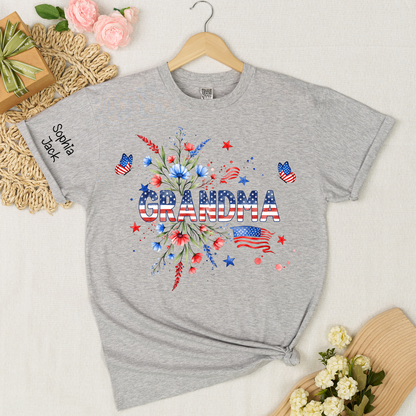 Patriotic Grandma Shirt, American Flag Floral Grandma T-Shirt, Custom Mimi Gigi Nana Tee, 4th of July Grandma Gift, Mother's Day Apparel