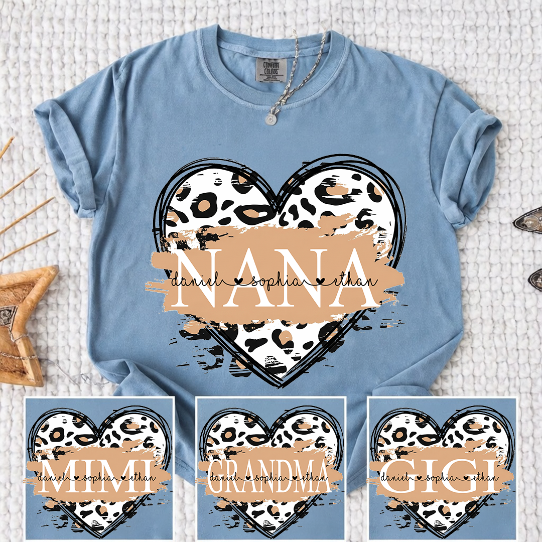 Comfort Colors Personalized Nana Shirt Leopard Heart Design Custom Mimi Grandma Gigi Name Tee with Grandkids Names Stylish Family Outfit for Women
