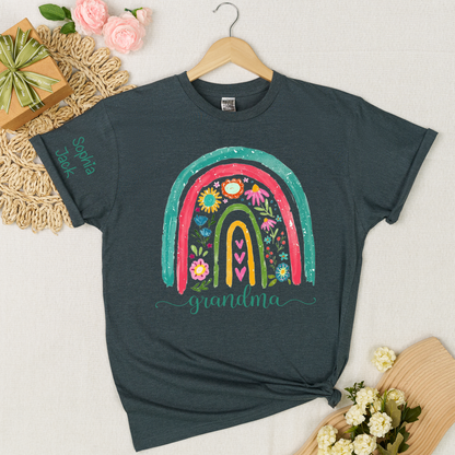 Grandma Rainbow Floral Shirt, Personalized Nana Mimi Gigi Sweatshirt, Custom Kids Names Sleeve Tee, Boho Flower Grandma Gift for Mother's Day, Cute Family Matching Top