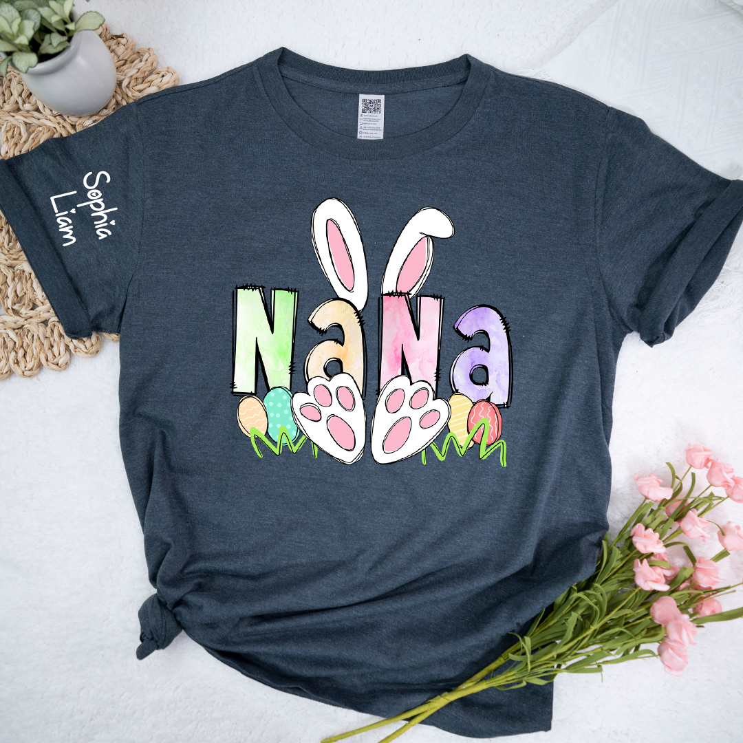 Personalized Nana Easter Shirt with Bunny Ears and Paw Print Design, Custom Grandma Name T Shirt, Spring Family Outfit, Cute Pastel Graphic Top for Mom and Grandma