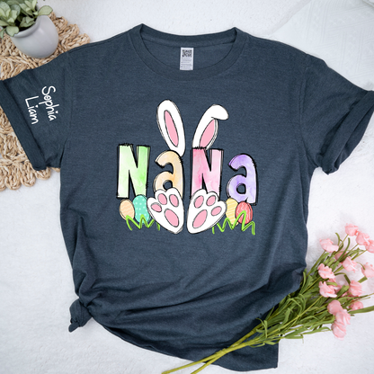 Personalized Nana Easter Shirt with Bunny Ears and Paw Print Design, Custom Grandma Name T Shirt, Spring Family Outfit, Cute Pastel Graphic Top for Mom and Grandma
