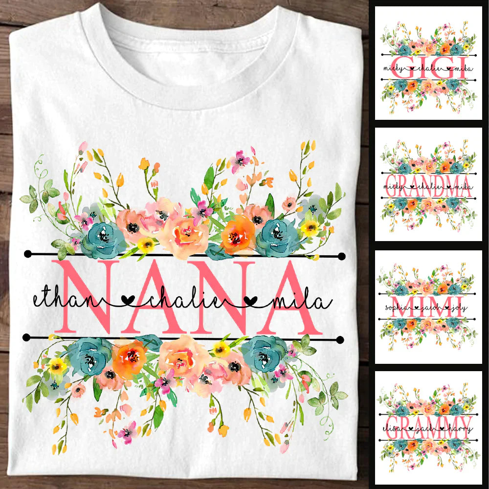 Bright Watercolor Floral Nana And Grandkids CTH01 T-Shirt