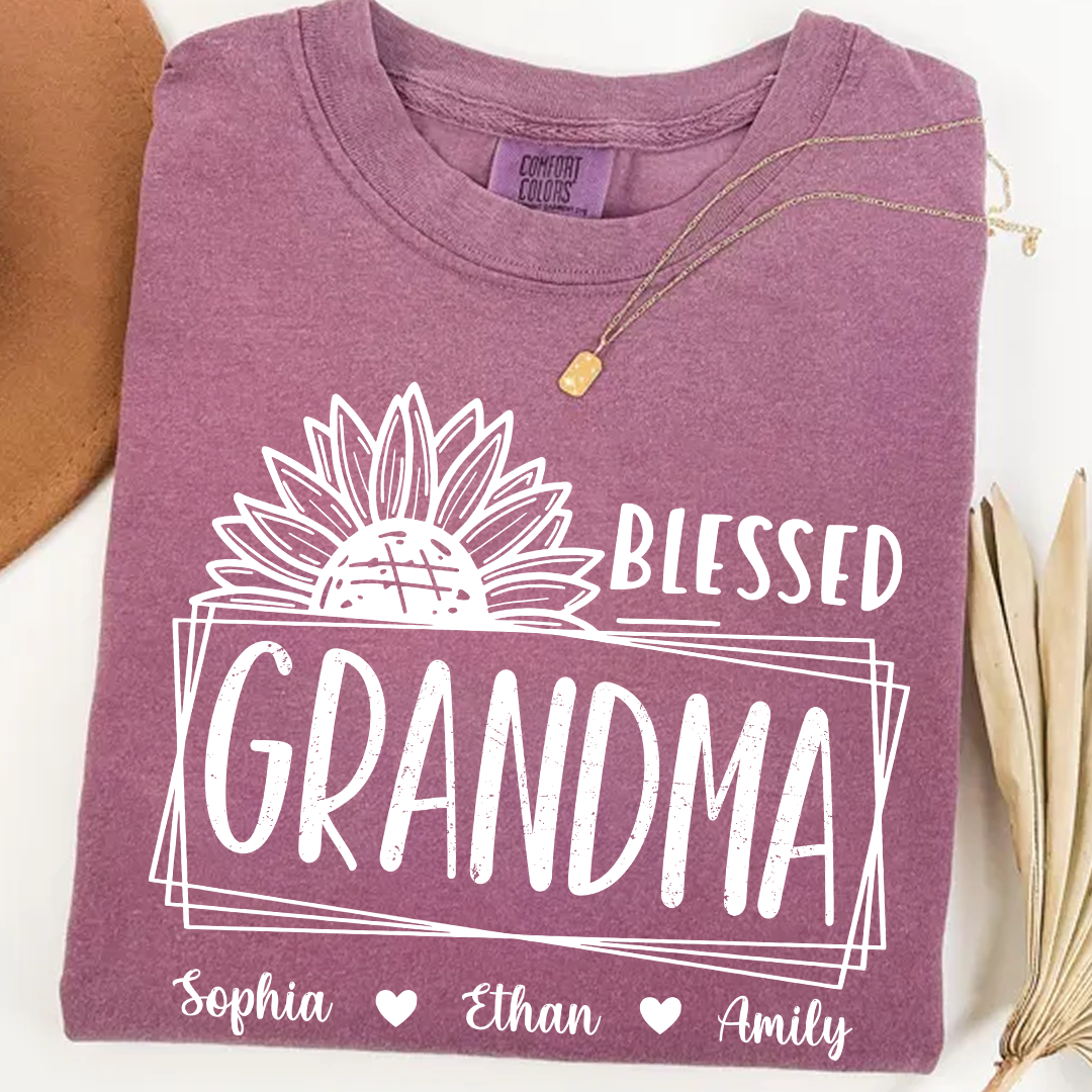 Comfort Colors Blessed Grandma Sunflower Tee with Personalized Names - Gift for Grandma, Mother's Day or Birthday Shirt