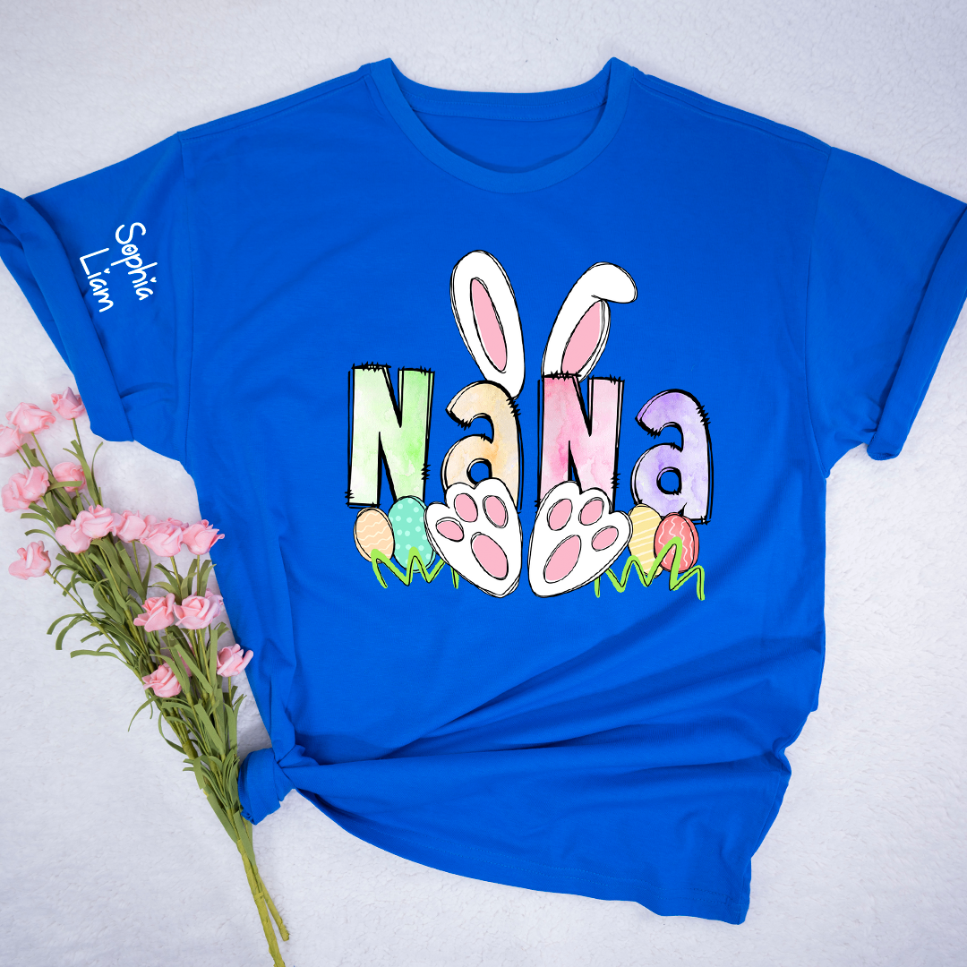 Personalized Nana Easter Shirt with Bunny Ears and Paw Print Design, Custom Grandma Name T Shirt, Spring Family Outfit, Cute Pastel Graphic Top for Mom and Grandma