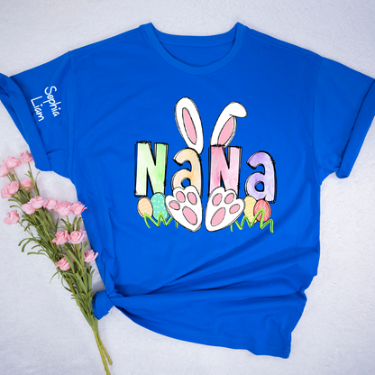Personalized Nana Easter Shirt with Bunny Ears and Paw Print Design, Custom Grandma Name T Shirt, Spring Family Outfit, Cute Pastel Graphic Top for Mom and Grandma