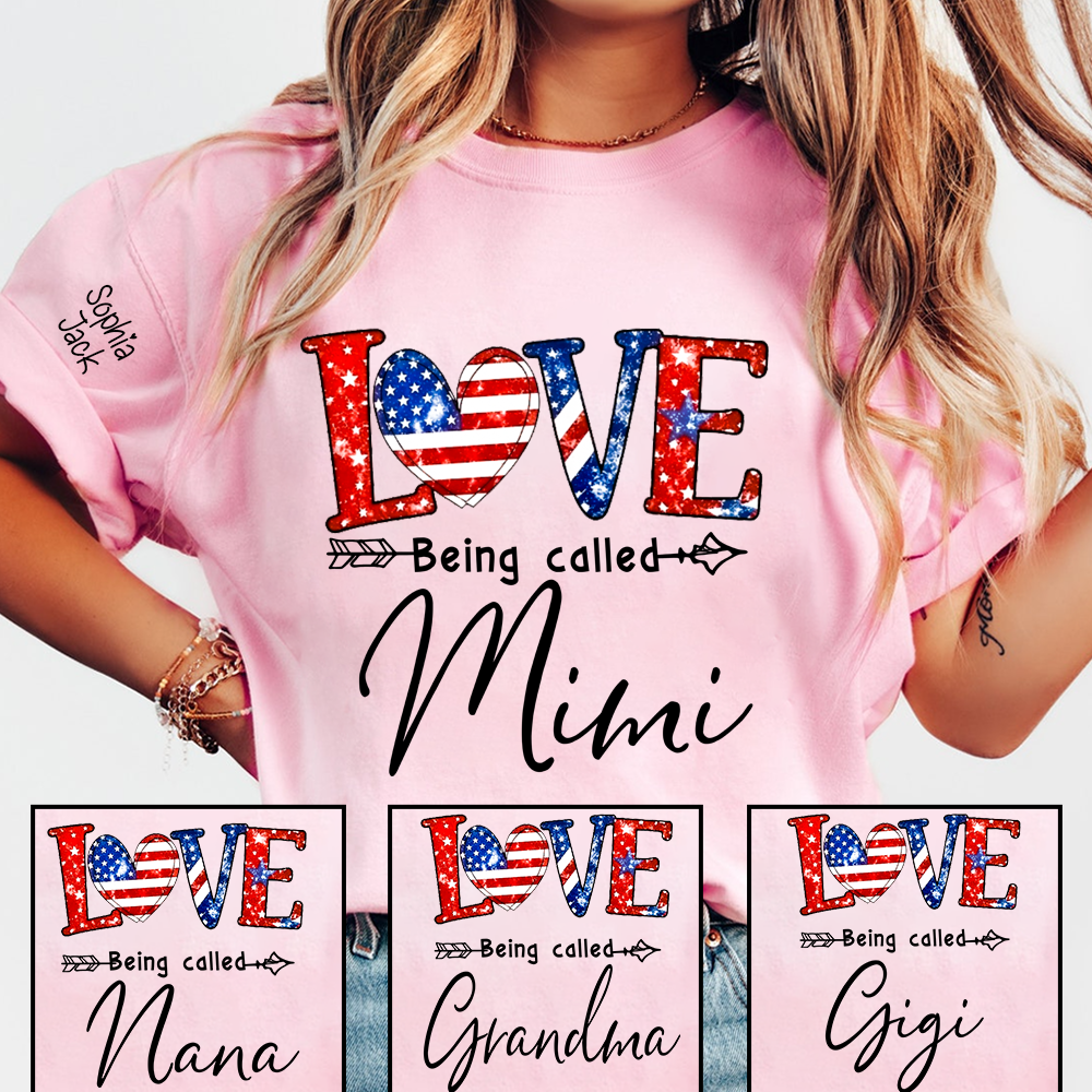 Personalized LOVE Shirt - Custom Nickname with American Flag Heart for Nana, Mimi, Grandma, Gigi - Casual Family Tee