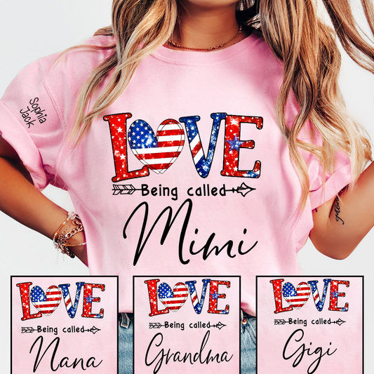 Personalized LOVE Shirt - Custom Nickname with American Flag Heart for Nana, Mimi, Grandma, Gigi - Casual Family Tee